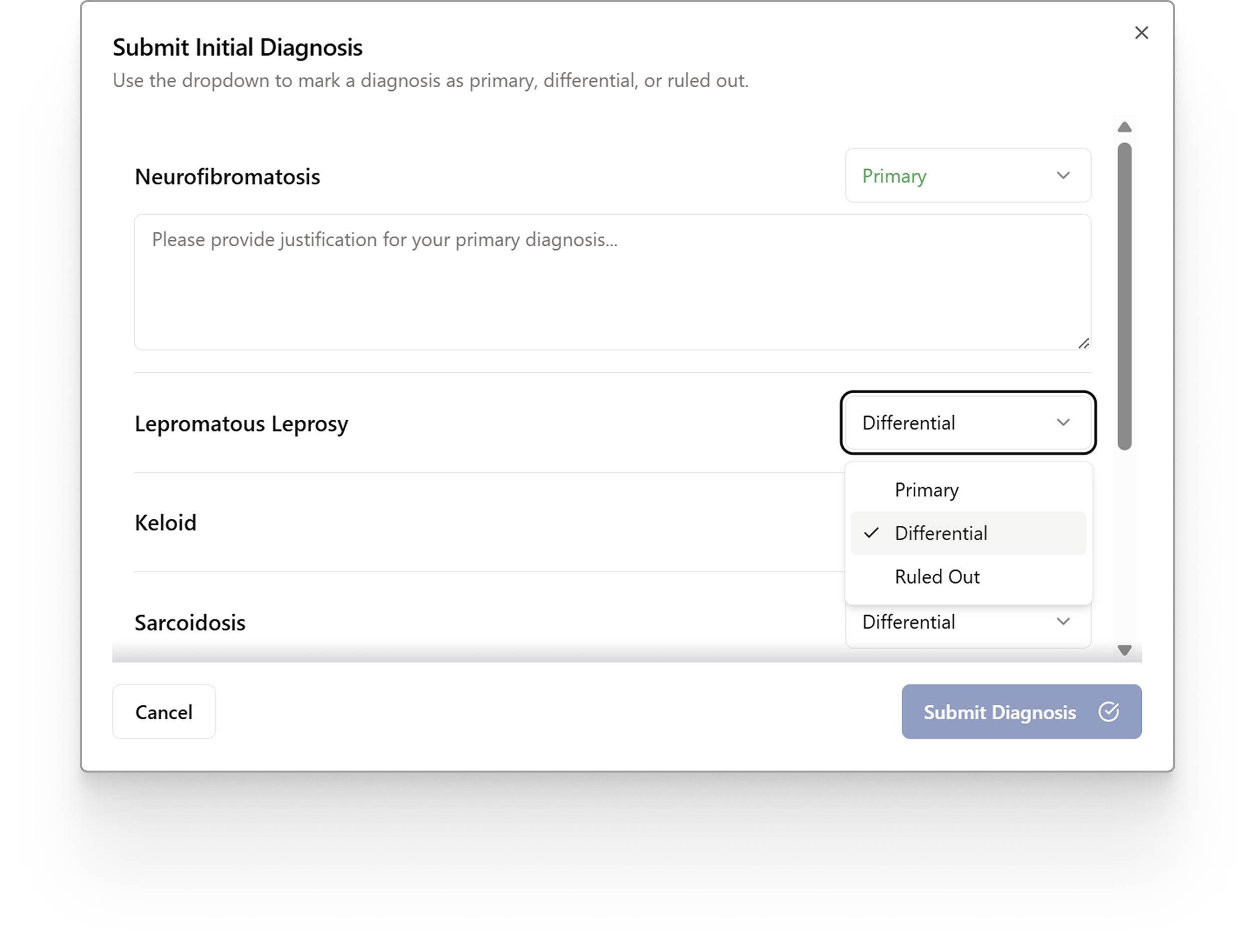 The submit-diagnosis dialog: each candidate condition carries a dropdown marking it primary, differential or ruled out, and the primary one asks for a written justification.