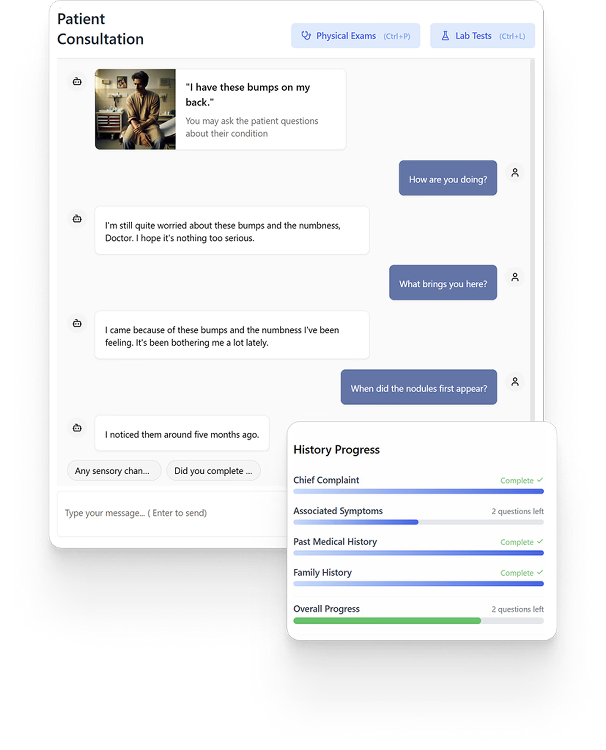 The consultation screen: a chat with the simulated patient, suggested openings beneath it, and a panel tracking which parts of the history are complete.