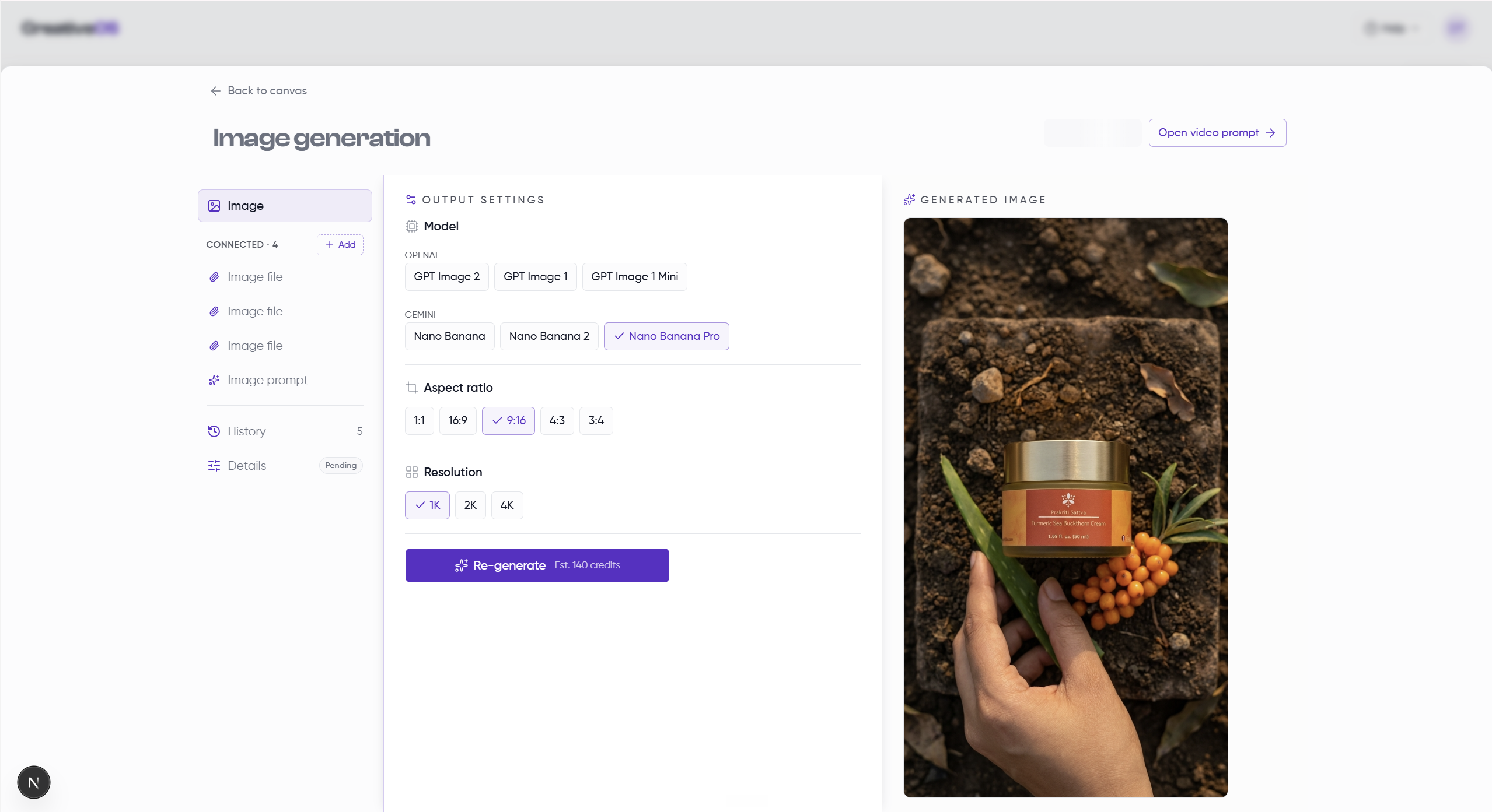 CreativeOS image generation — model, aspect ratio and resolution beside the generated frame