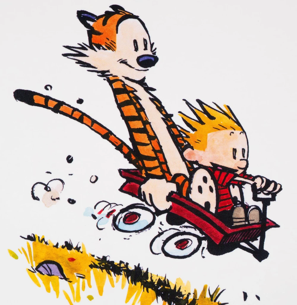 Calvin and Hobbes racing downhill in their wagon